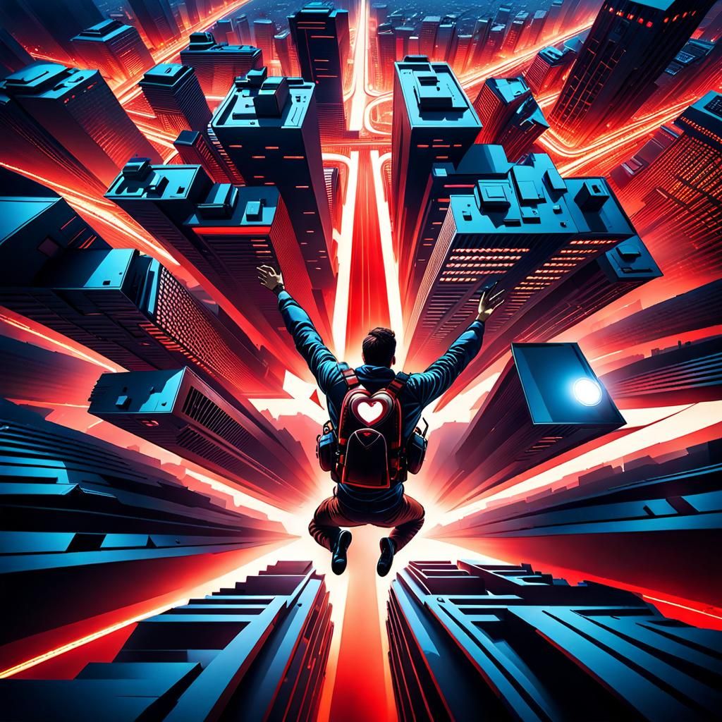 Free-Falling Man Over Heart-Shaped City