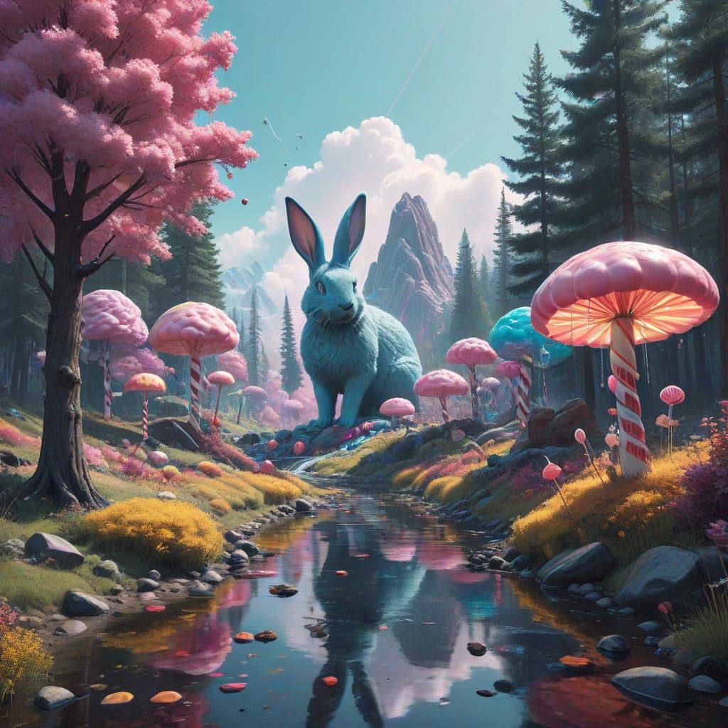 Whimsical Candyland Forest Scene with Marshmallow Rabbits