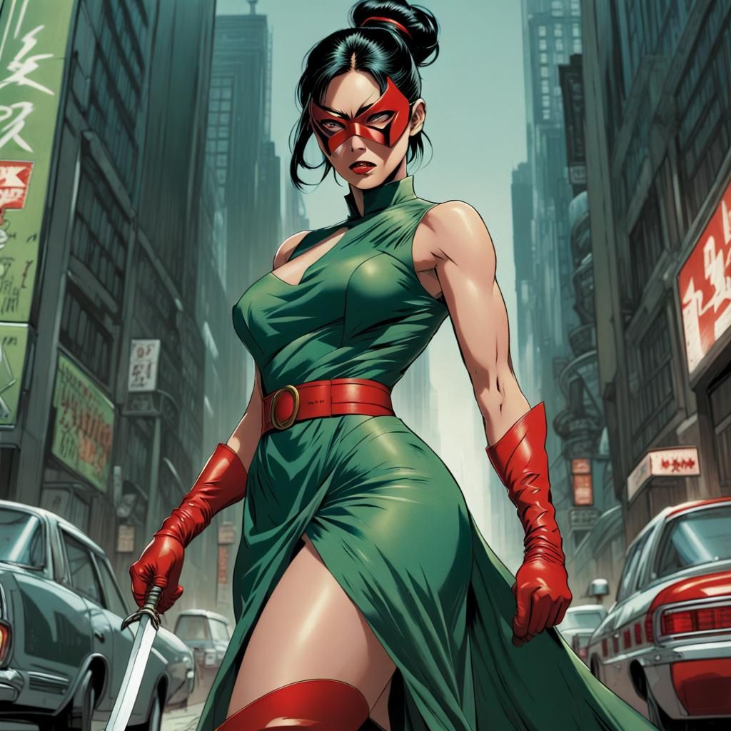Green Superheroine in Comic Book Art