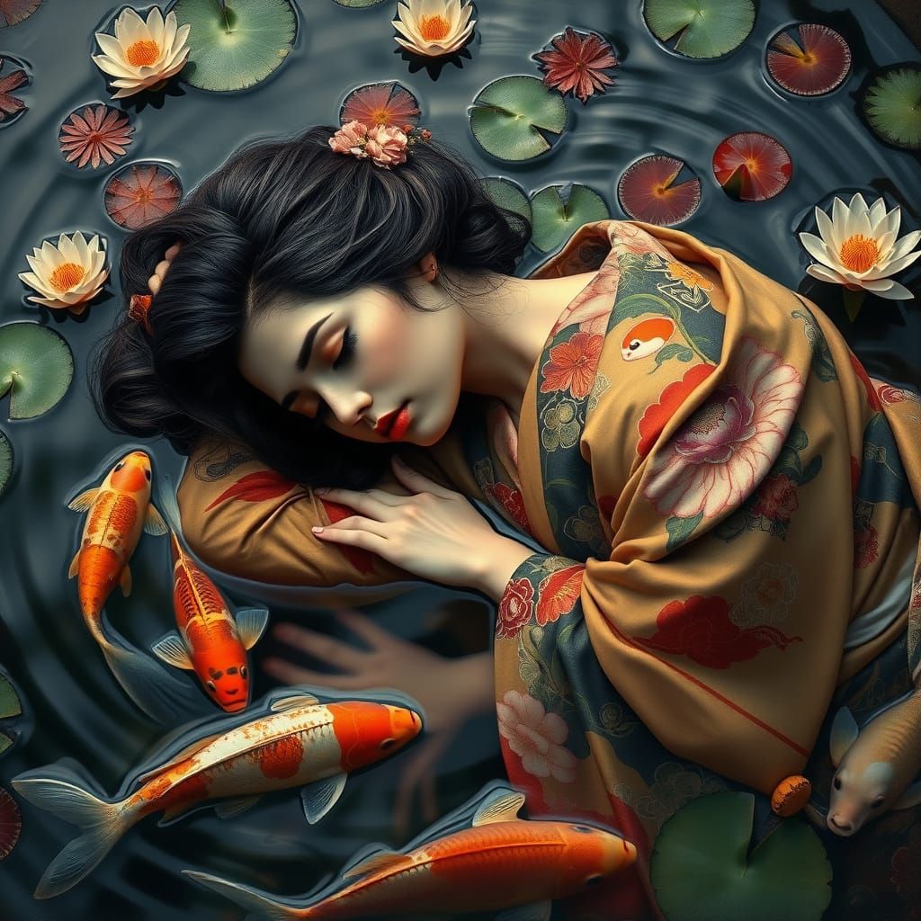 Serene Beauty in Traditional Kimono, Surrounded by Koi in a ...