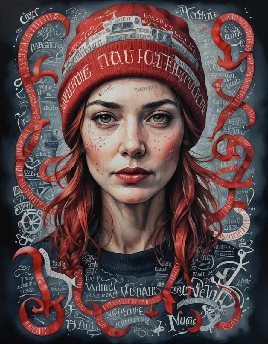 Typographic Portrait of Woman with Red Beanie