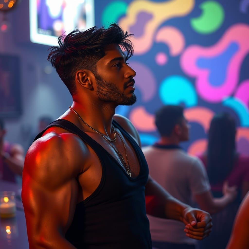 Fit South Indian Man in Bar, Hyperrealistic Art