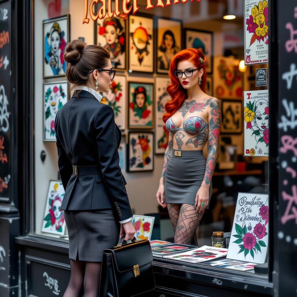 Businesswoman and Tattooed Pin-Up in Street Art Style