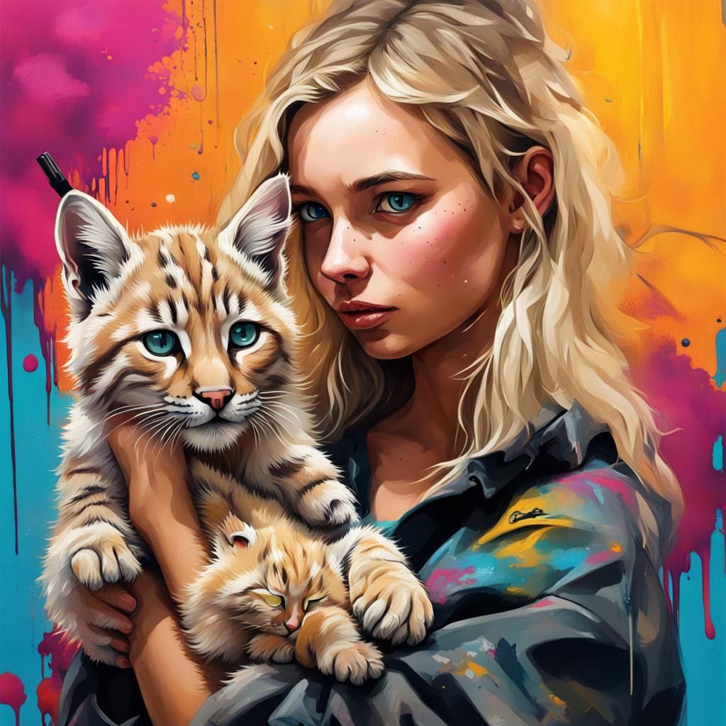 Blonde Girl Holding Bobcat Kitten in Graffiti Style