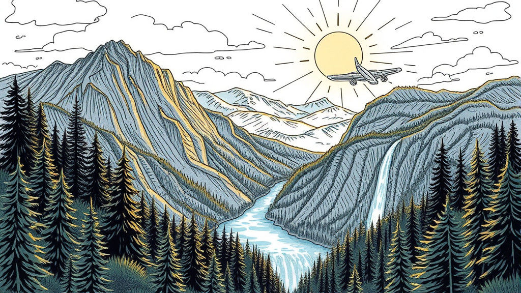 Landscape Doodle Sketch with Mountain and Waterfall