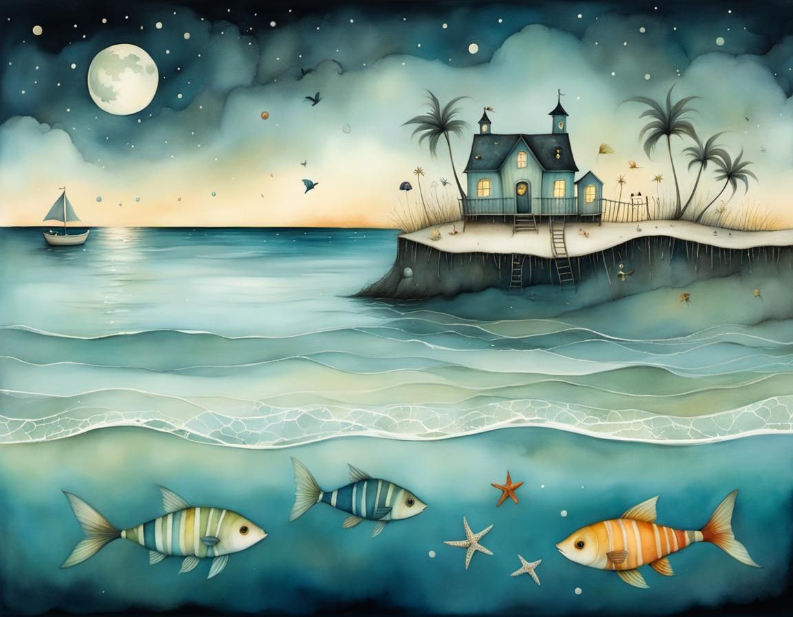 Surreal Night Swim: Whimsical Alcohol Ink Illustration