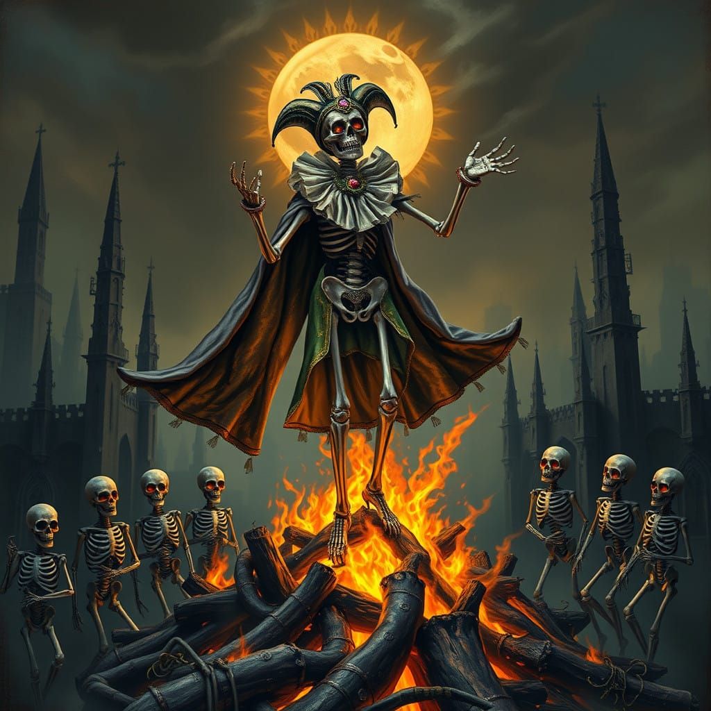 Dancing Skeleton Jester Amidst Gothic Ruins in Whimsical, Ha...