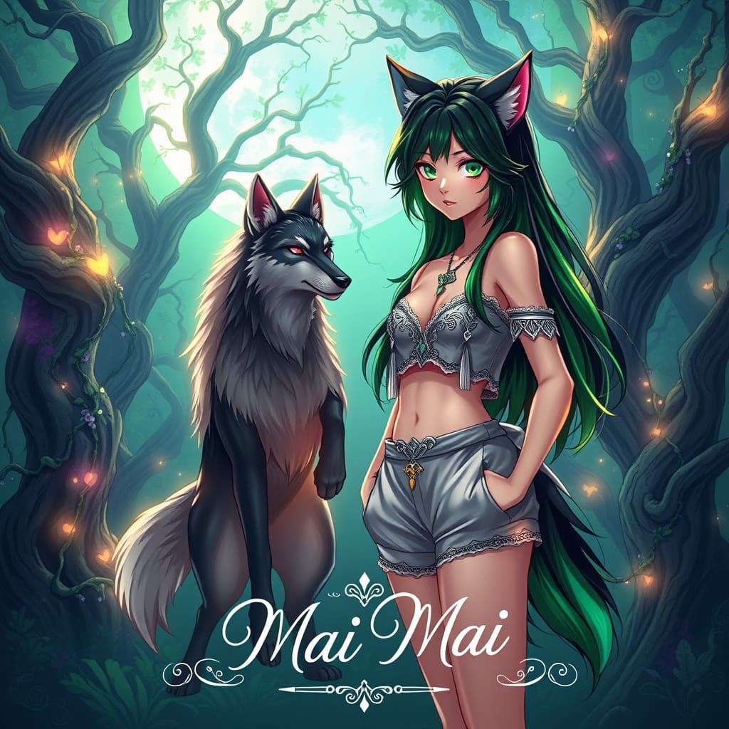 Mystical Wolf Girl in Dreamlike Yoshitaka Amano-Inspired Art