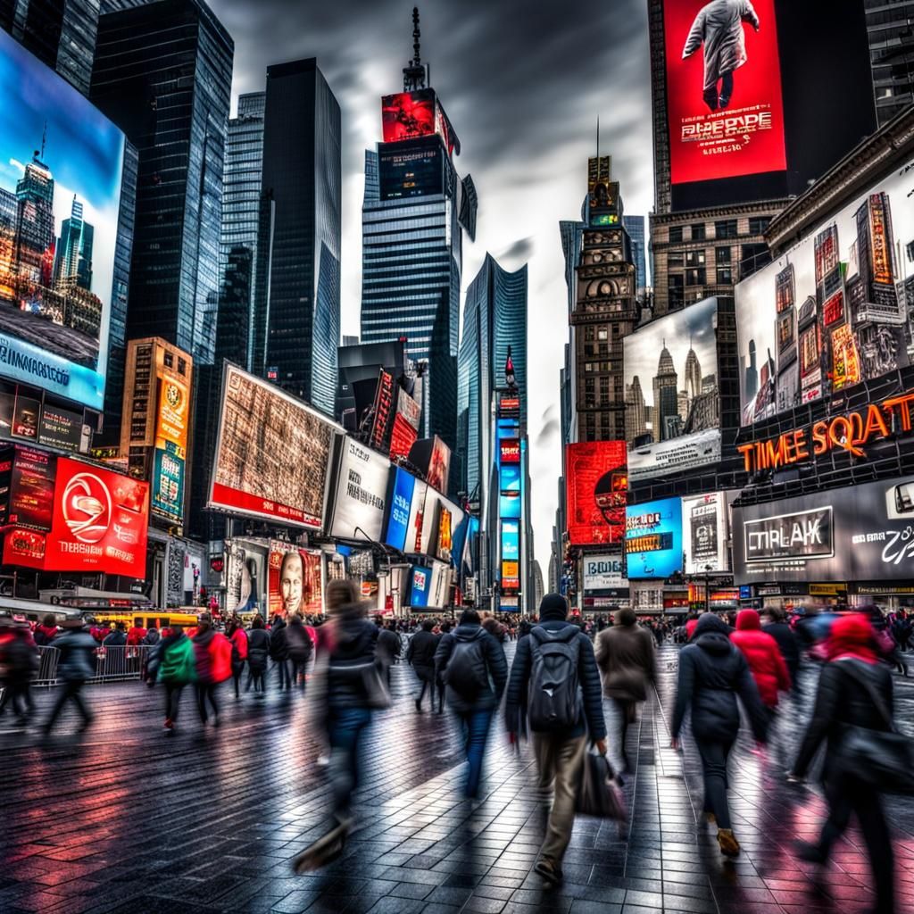 Hyperrealistic Times Square Scene with Pedestrians