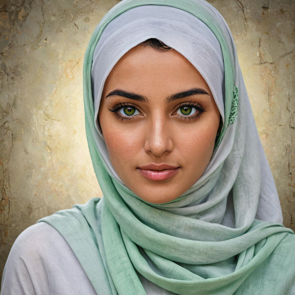 Beautiful Young Arab Woman in Hijab with Green Eyes