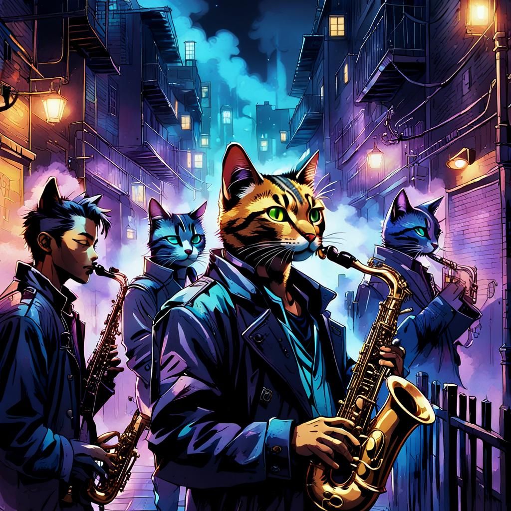 Cyberpunk Alley Cats Play Saxophone: Manga Art