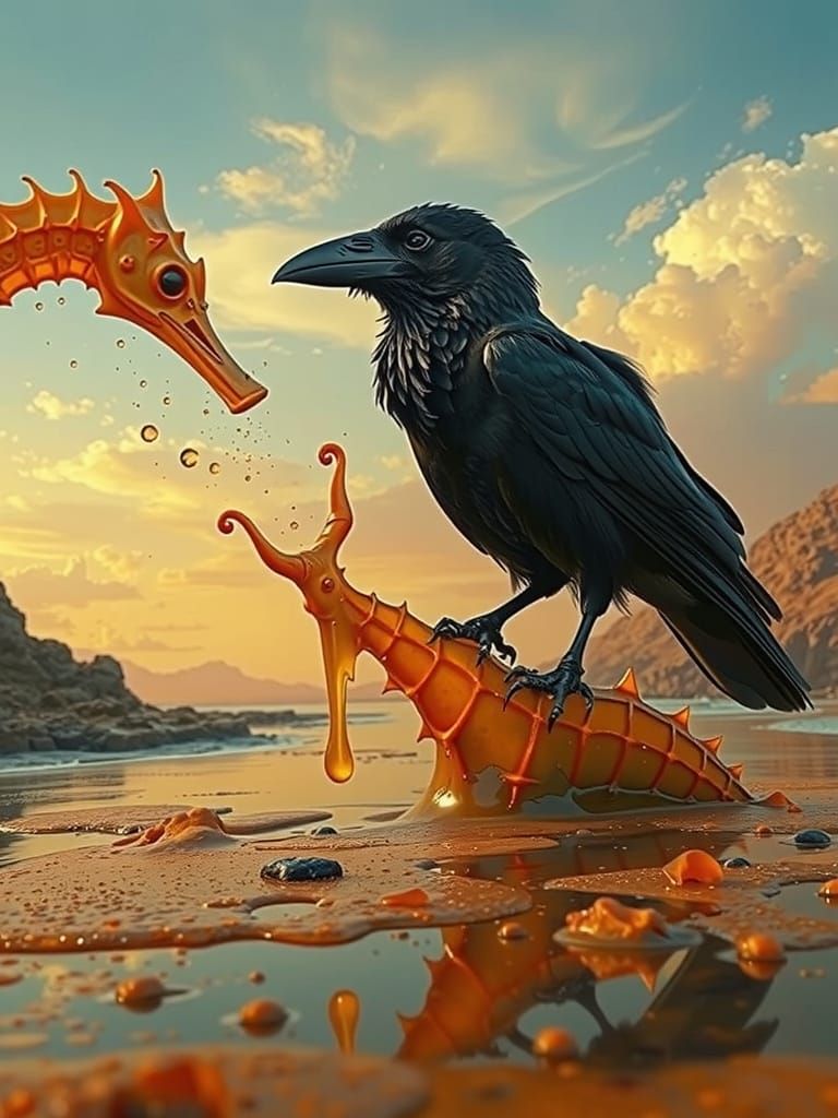 Raven on Melting Seahorse in Surrealist Style