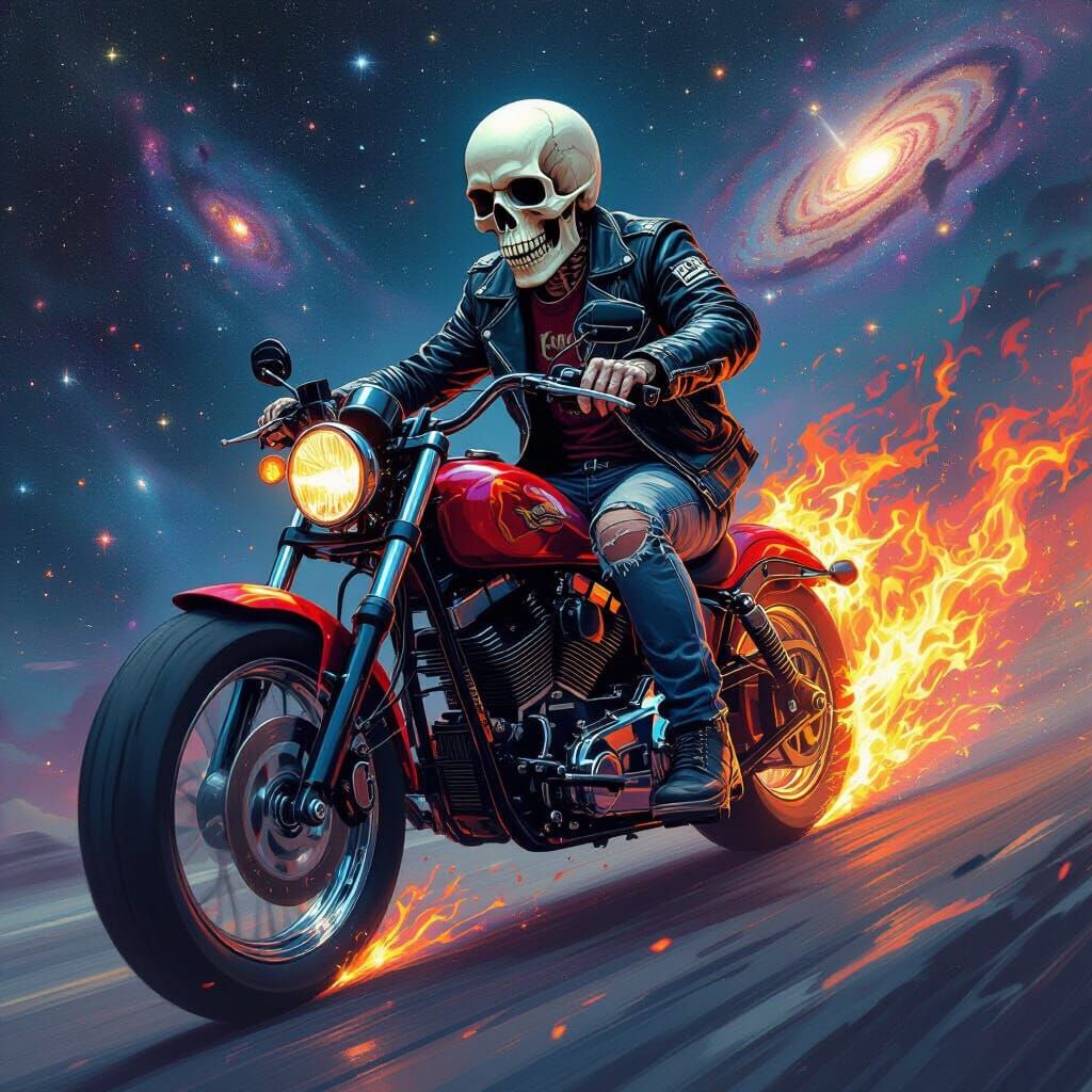 Skull Rider on Fire Bike in Space, Digital Street Art