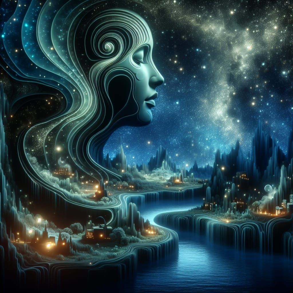 Surreal Dreamworld: Gigantic Woman in Starry Universe