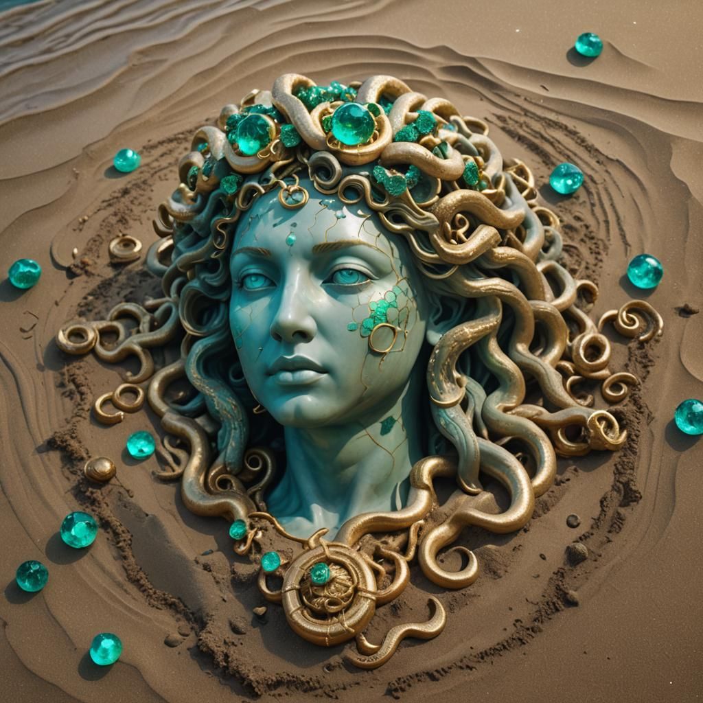 Medusa Marble Statue on Emerald Beach
