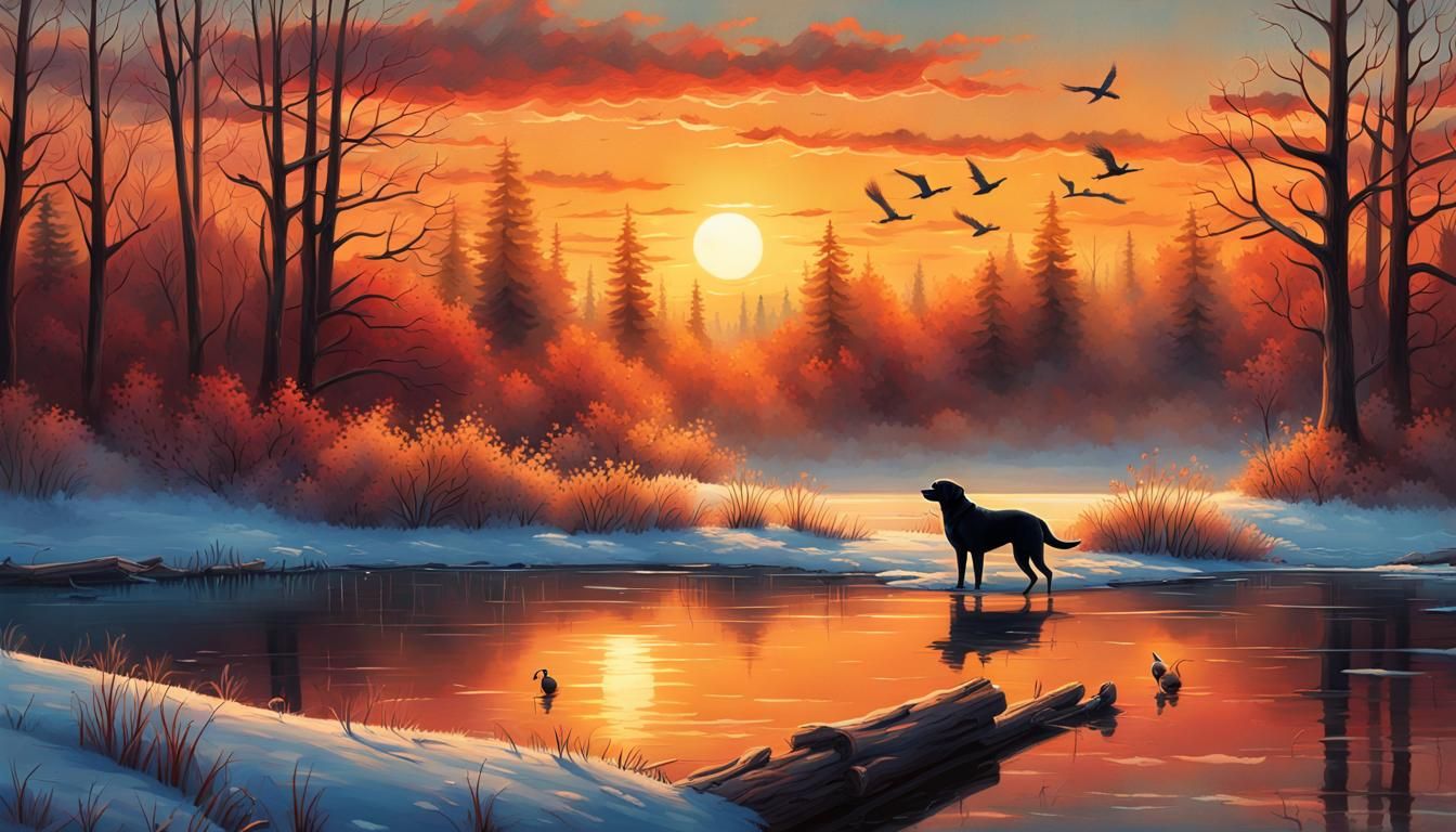 Labrador Retriever at Autumn Sunrise as Digital Painting