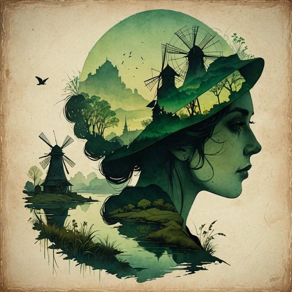 Silhouette Double Exposure with Lake Panorama