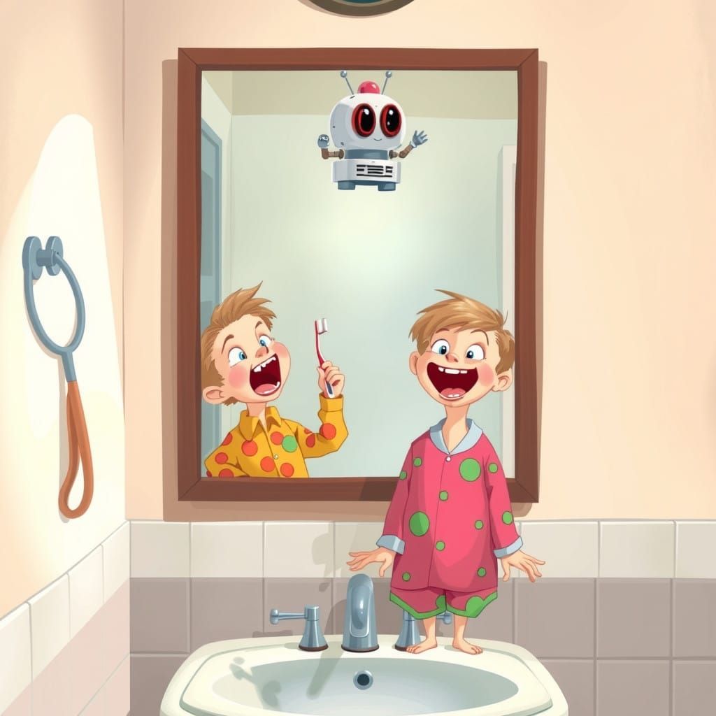 Futuristic Robot Tooth Brushing with Cheerful Siblings in a....