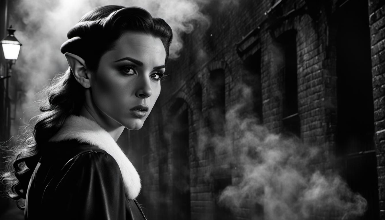 Noir Elf Detective in Dark Alley, Black and White