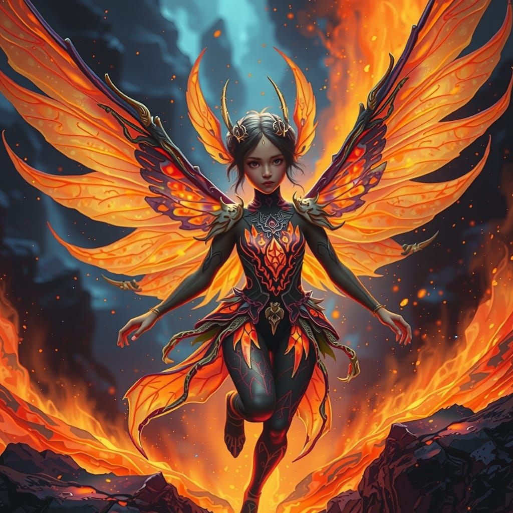 Ethereal Lava Fairy in Flowing Molten Dress