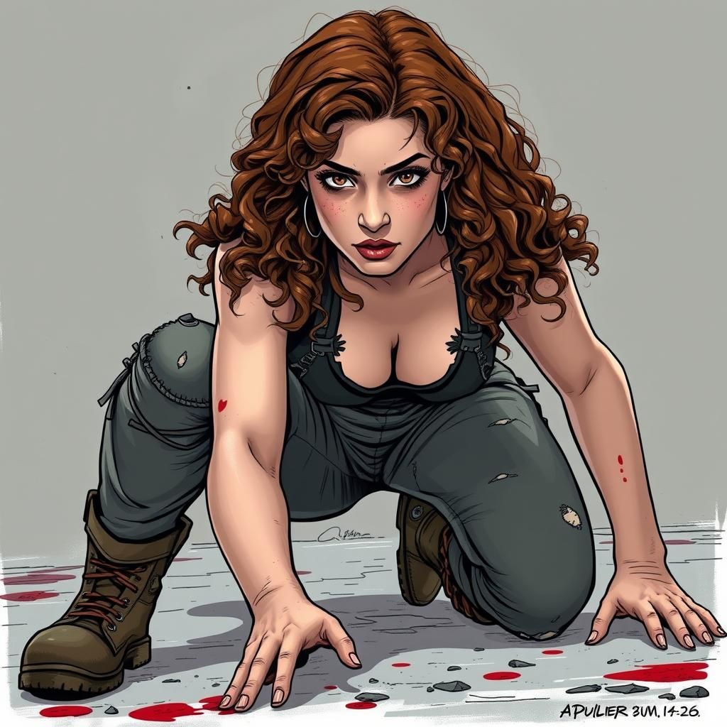 an adult Hermione Granger, mid 20's, luscious long brown curly hair, bright brown eyes, gorgeous features, pants, top, r...