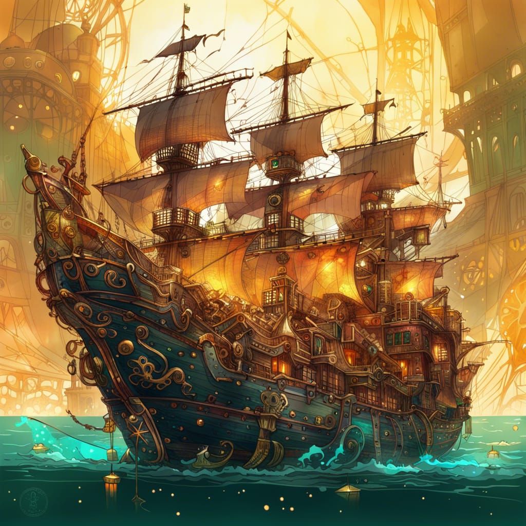 Steampunk Pirate Ship in Luminous Colors