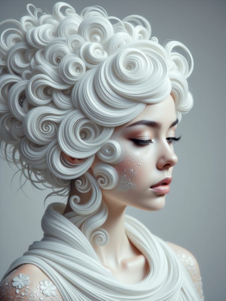 Abstract White Hairstyle with Swirling Details