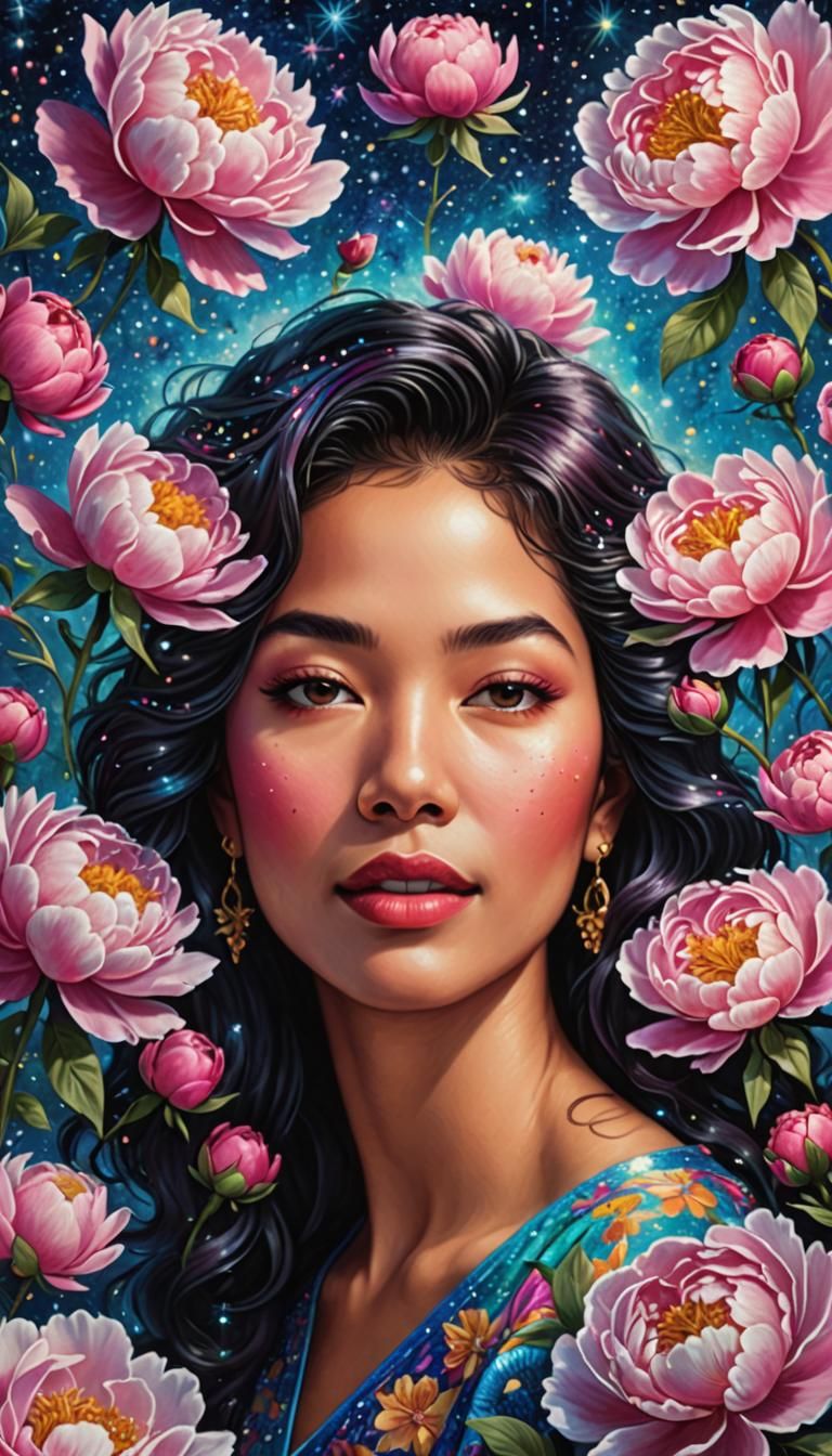 Holographic Portrait of Selena Quintanilla with Peonies