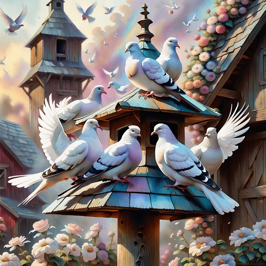 white pigeons on a dovecote on a pole near a barn