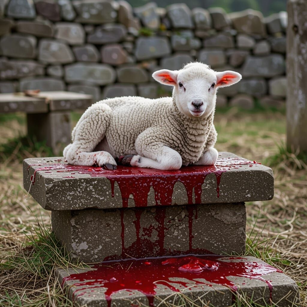 Lamb on Sacrificial Altar in Horror Scene