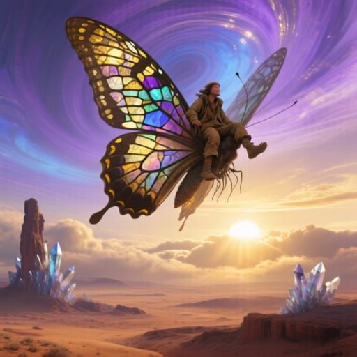 Giant Butterfly Carries Adventurer Over Alien Desert