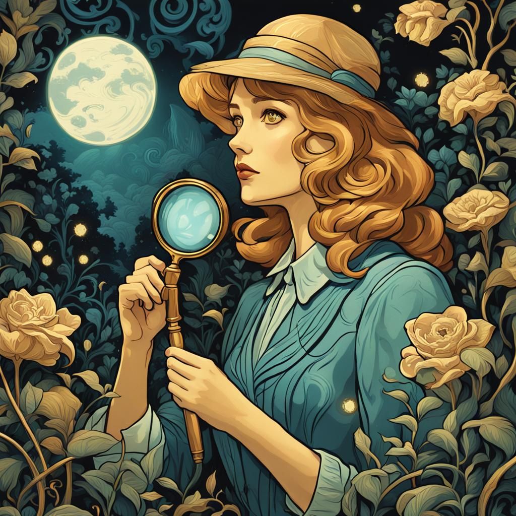 Nancy Drew in Moonlit Garden, Art Nouveau Style
