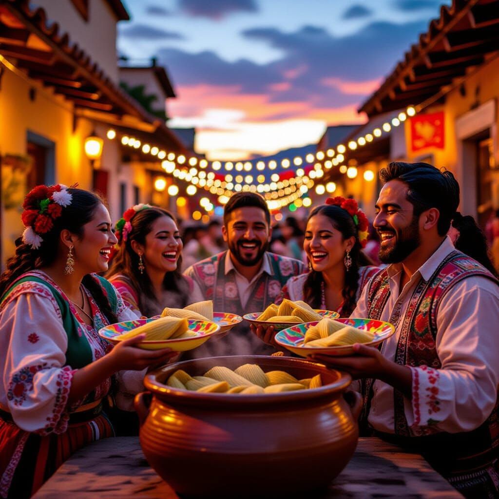 Joyful Mexican Friends Sharing Tamales at Dusk