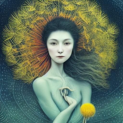 Woman and Dandelion in Wind, Fairytale Art