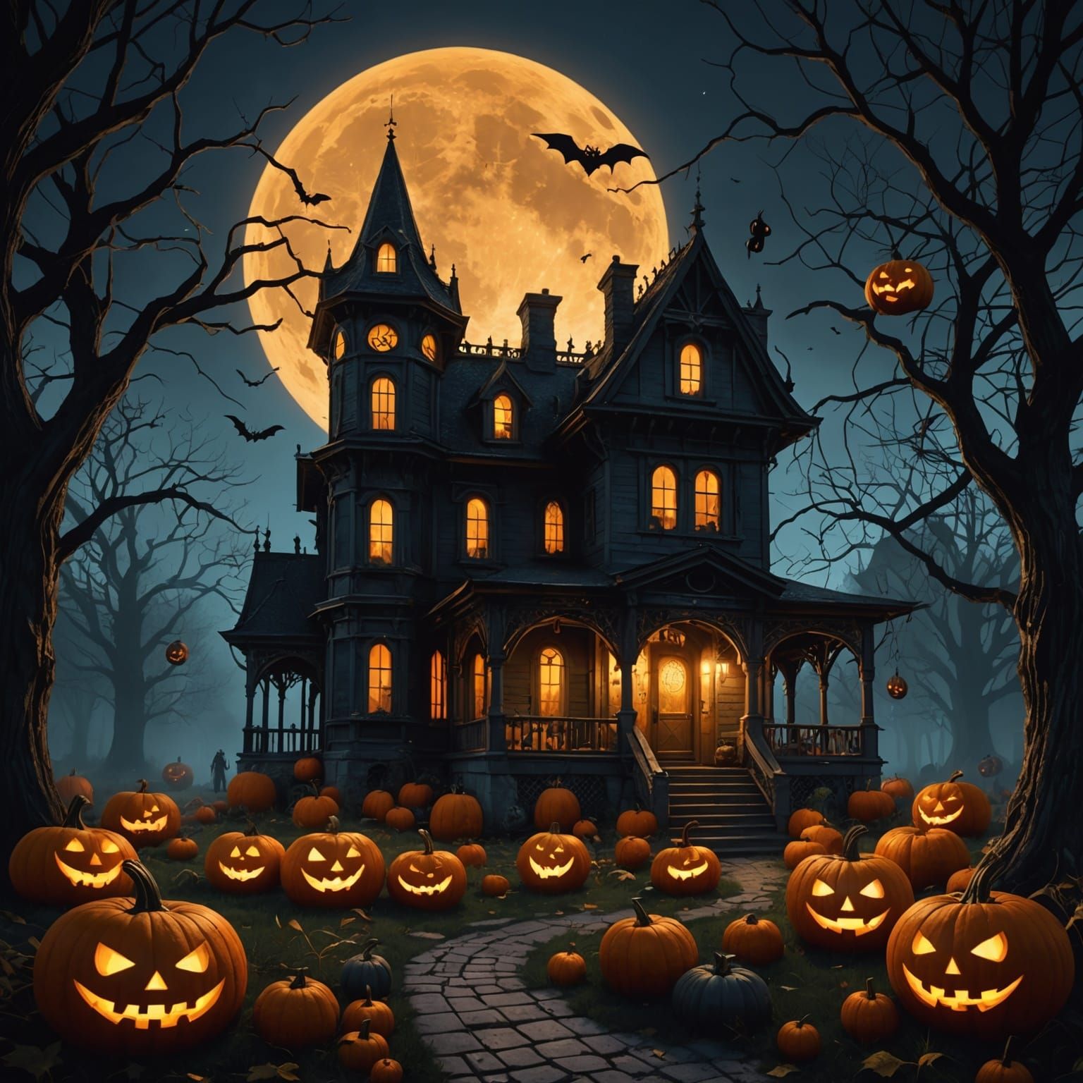 Haunted House at Night with Ghosts and Black Cat