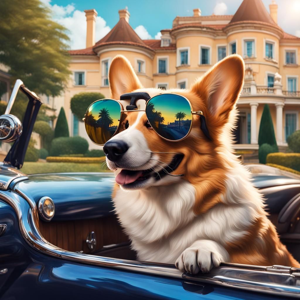 Corgi in Car: Hyperrealistic Splash Art
