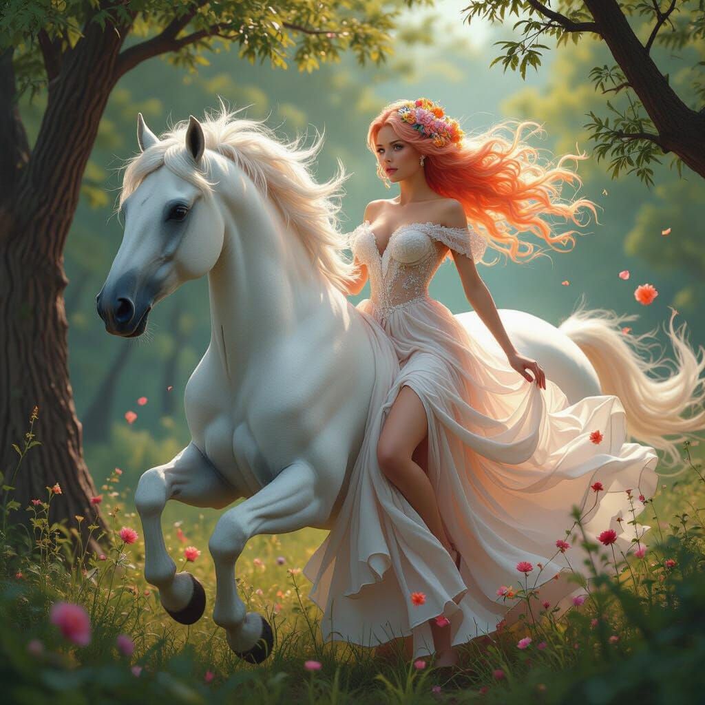 Woman on Horse with Flowing Floral Hair, Digital Art