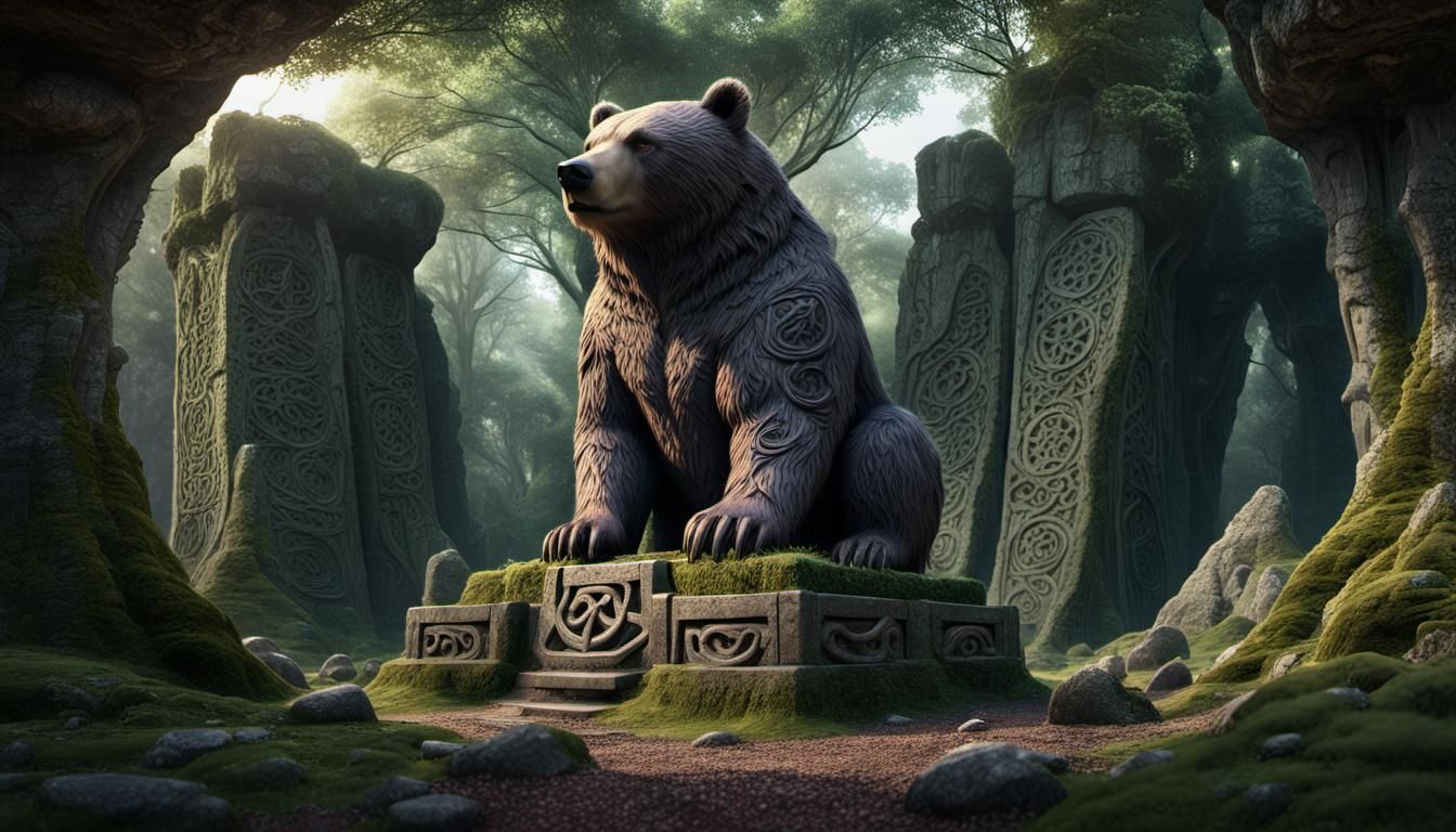 Bear Statue Under Megalith With Celtic Carvings