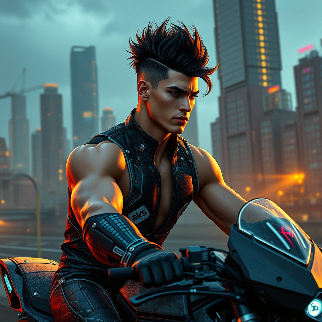 Cyberpunk Biker Rides Through Dystopian Cityscape