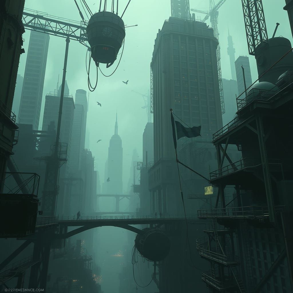 Dystopian Underwater Metropolis in Retro-Futuristic Style