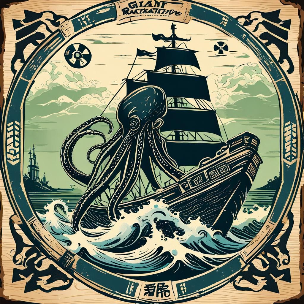 Radioactive Kraken vs Ship: Japanese Scroll Art