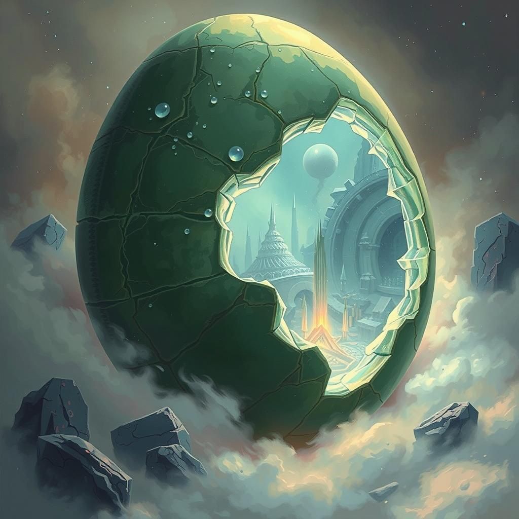 A colossal, ancient dragon's egg, its cracked, jade-green sh...