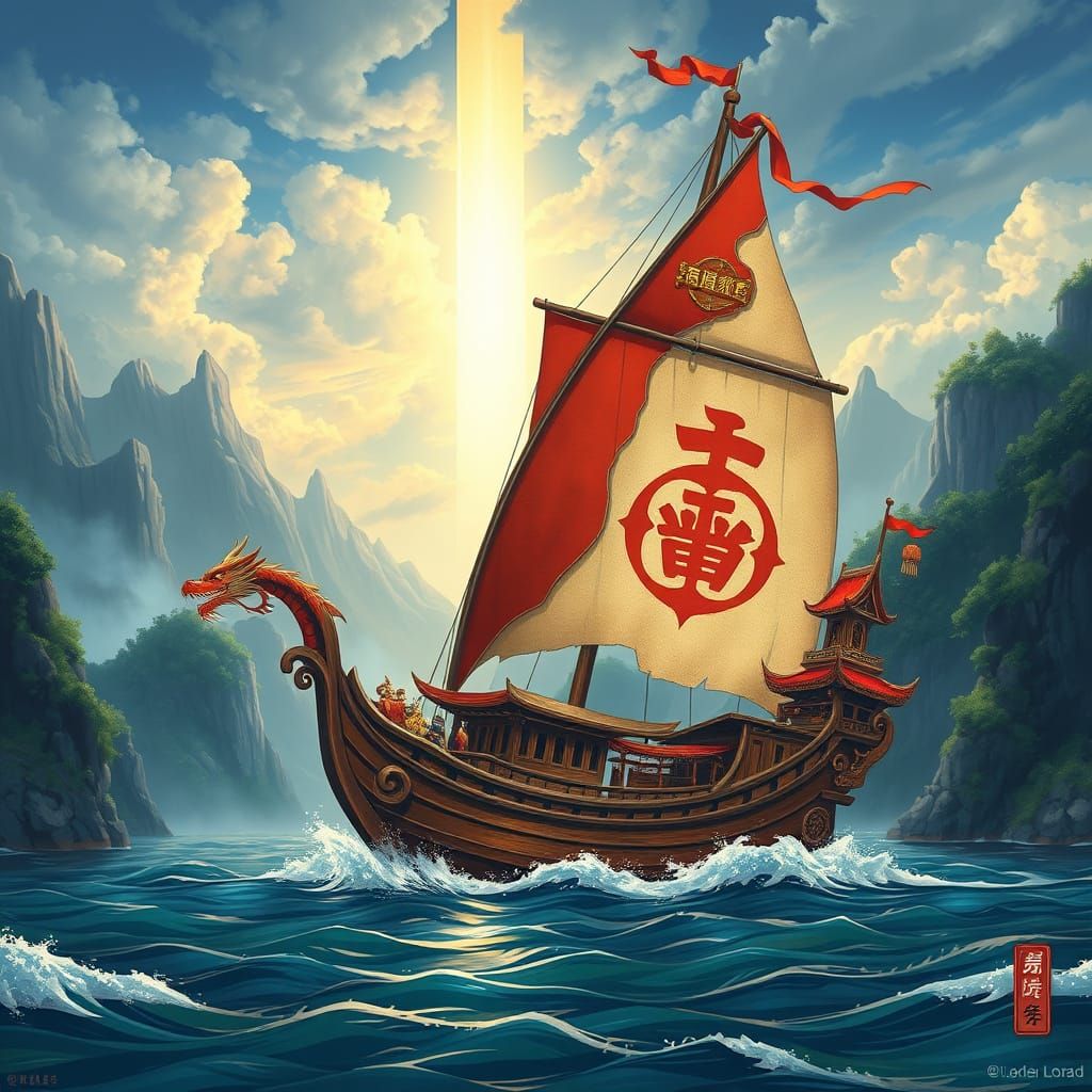 Oriental Fantasy Junk Ship with Dragon Prow and Pagoda Cabin