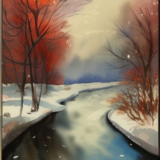 Winter Scene in Gouache and Watercolor Style