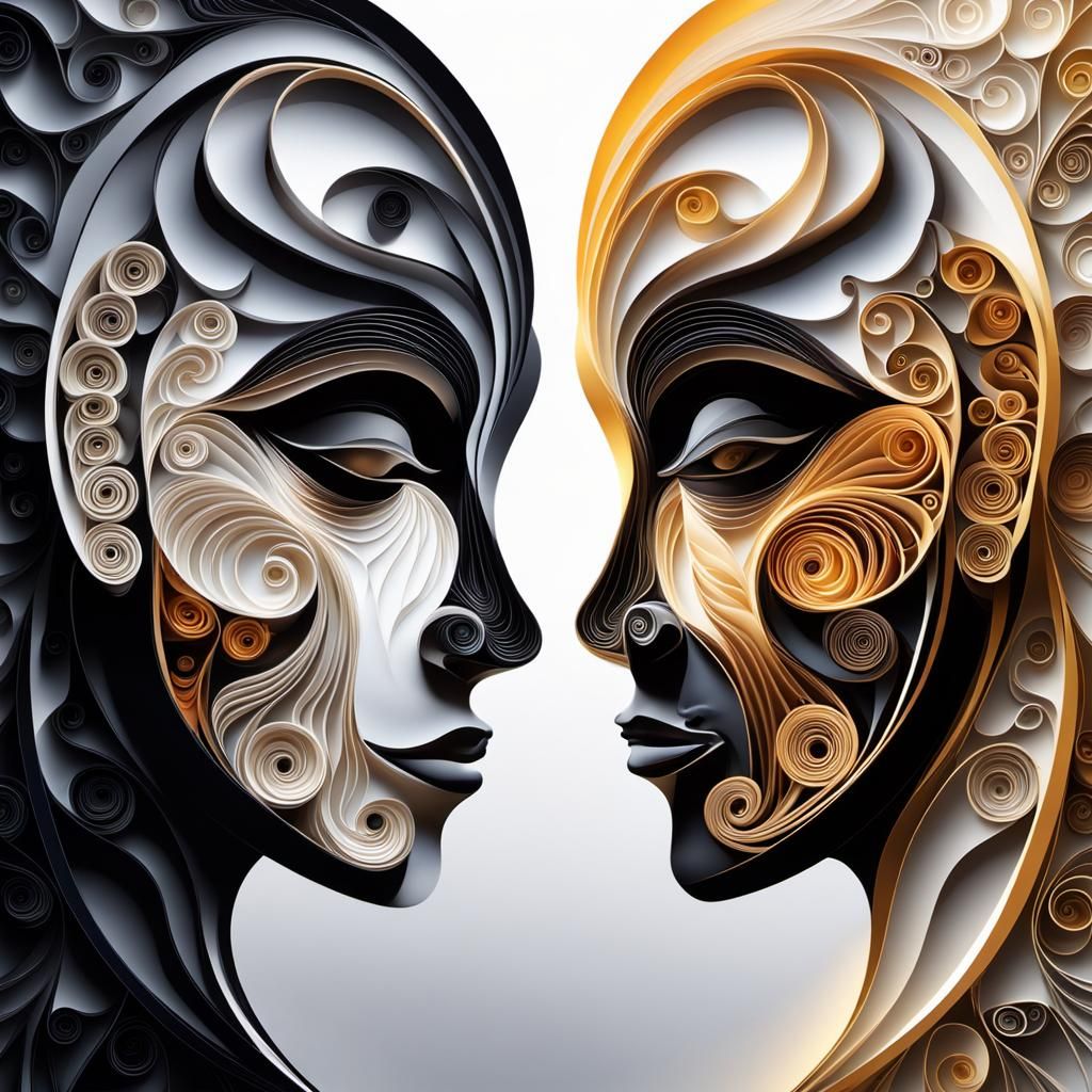 Contrasting Faces in Quilling Style with Golden Dust
