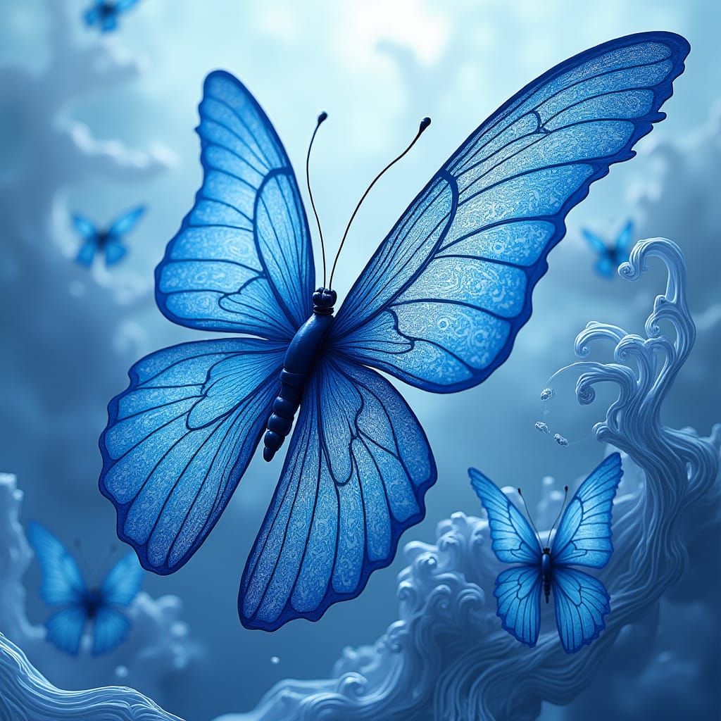 Blue Butterflies Submerged in Abstract Fractal Water