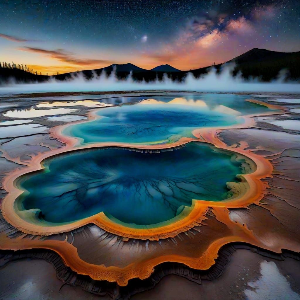 Ethereal Grand Prismatic Spring at Dusk in Dreamlike Style