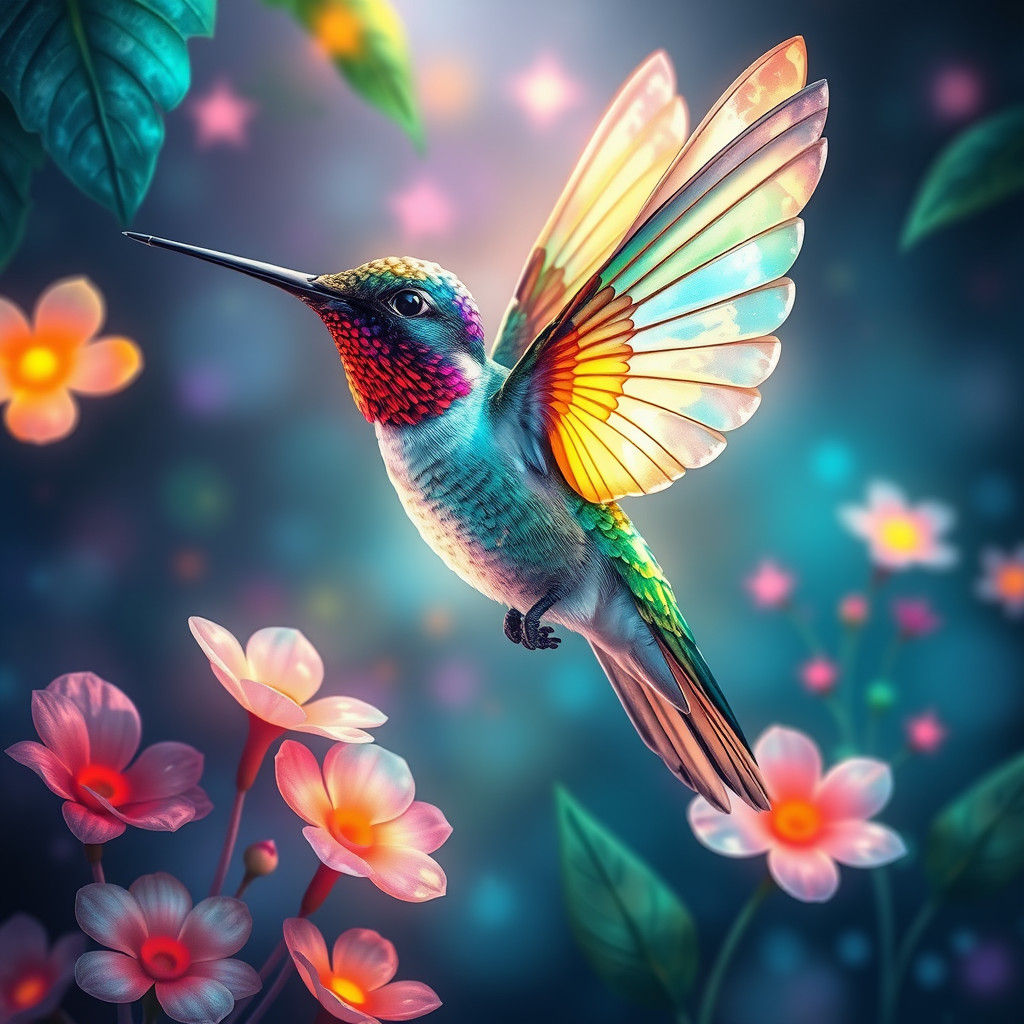 Hummingbird in Bioluminescent Pastel Wonderland Illustration