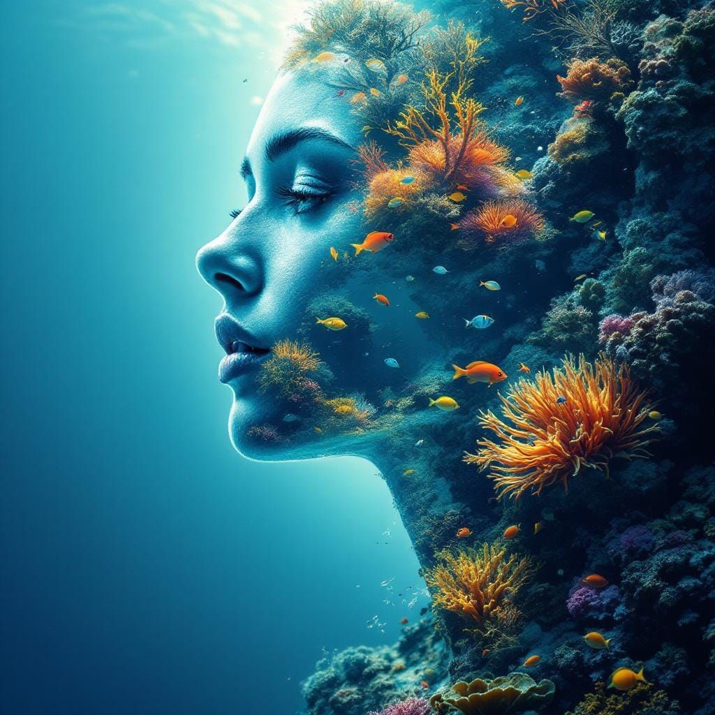 Vibrant Coral Reef Double Exposure Portrait