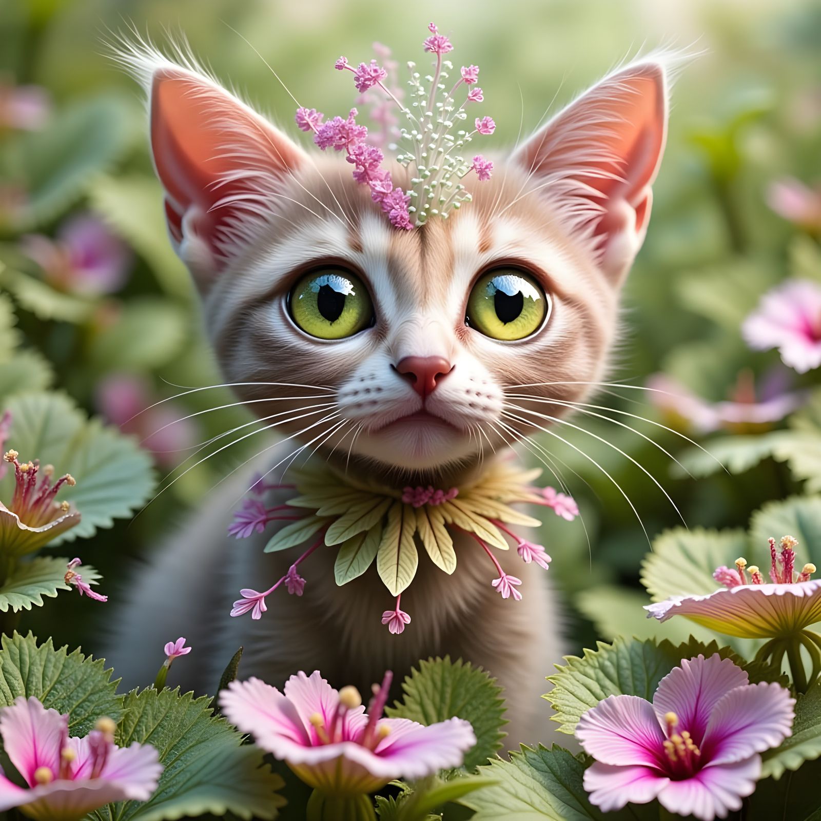 Pearl Cat Surrounded by Colorful Kittens